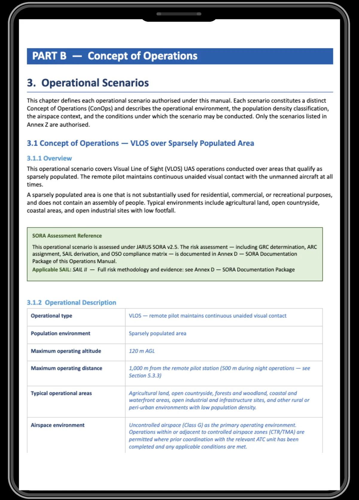 One page from a drone operations manual: a Concept of Operations section describing an operational scenario, its limits, and the airspace it may be flown in.