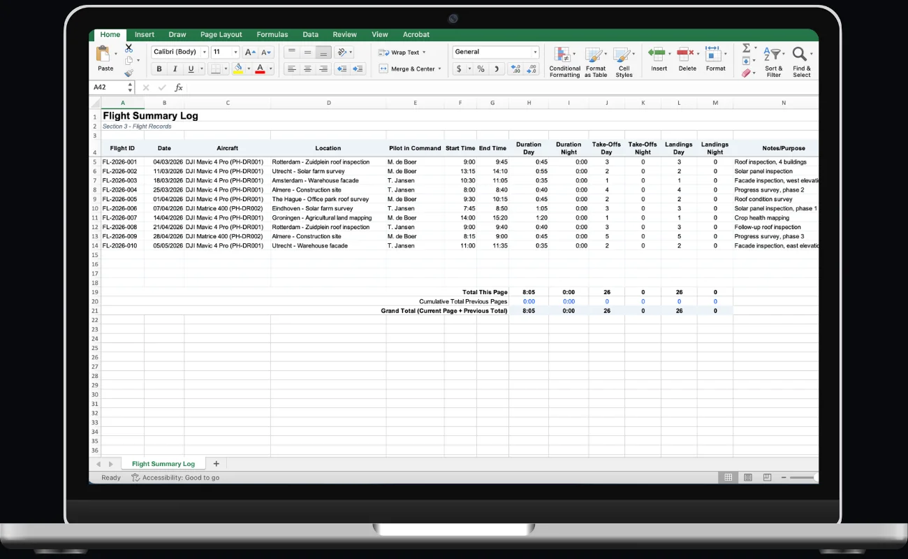 A flight summary log open on a laptop: one row per flight, recording the flight reference, date, aircraft, location, pilot in command, start and end times, flight duration, and take-off and landing counts, with page and cumulative totals.